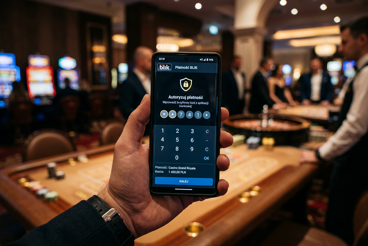Smartfon z ekranem potwierdzenia bezpiecznej płatności BLIK w aplikacji kasynowej