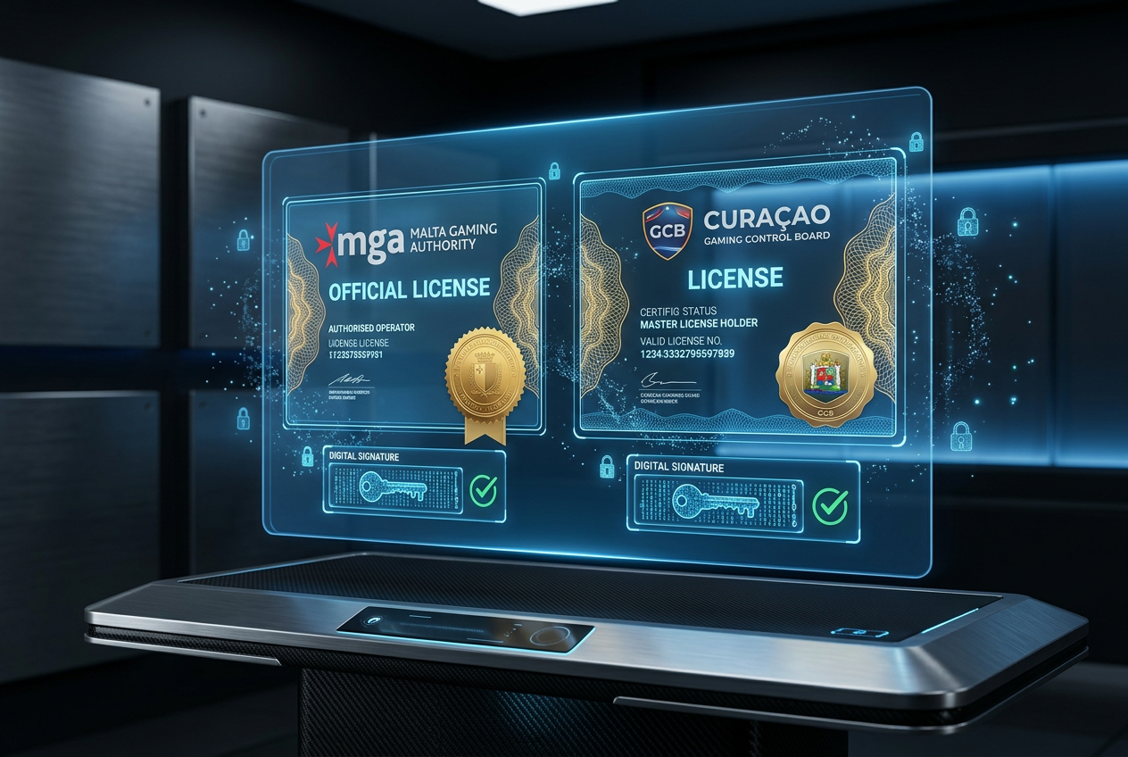 Official casino license verification dashboard with MGA and Curacao seals of approval