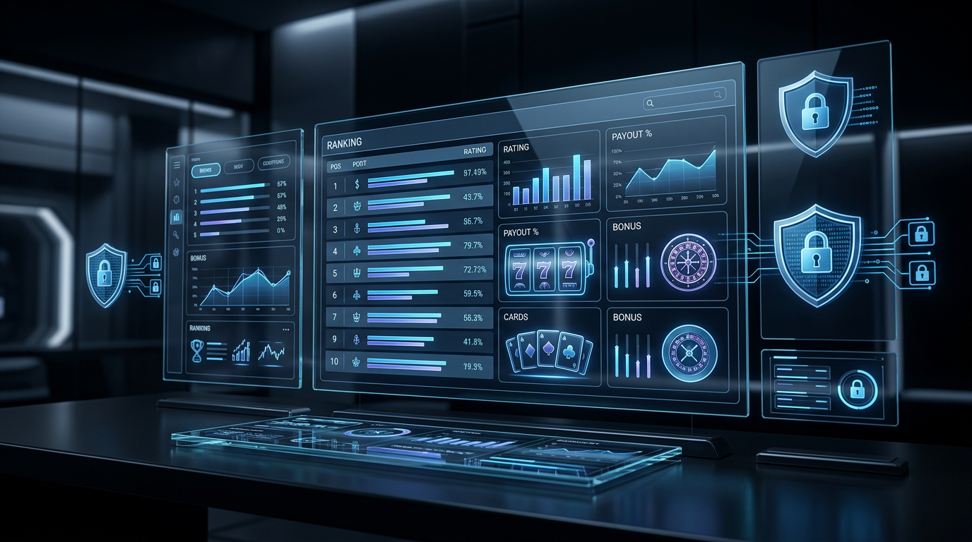 Futuristic digital dashboard with casino rankings and statistics for 2026