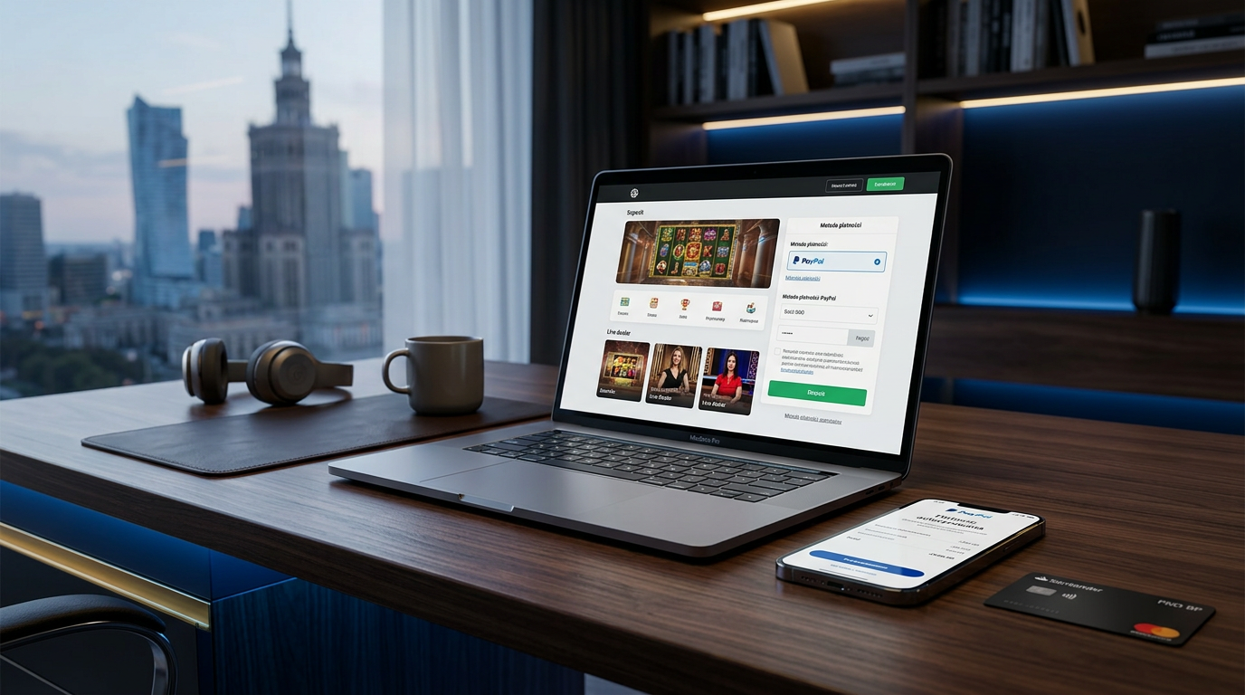 Premium workspace with casino payment confirmation on a smartphone